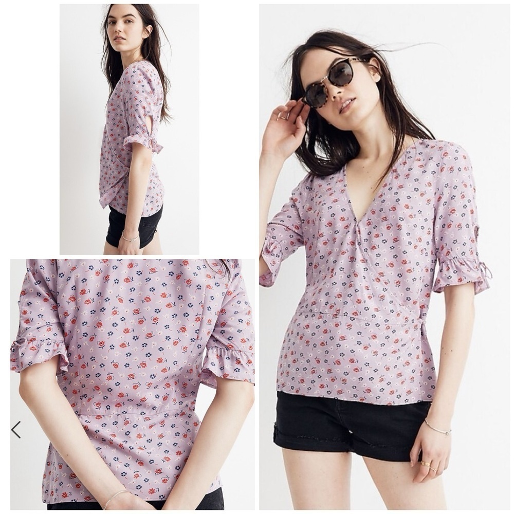 Madewell Prairie Posies Floral Lilac Purple Tie-Sleeve Wrap Blouse Top 6